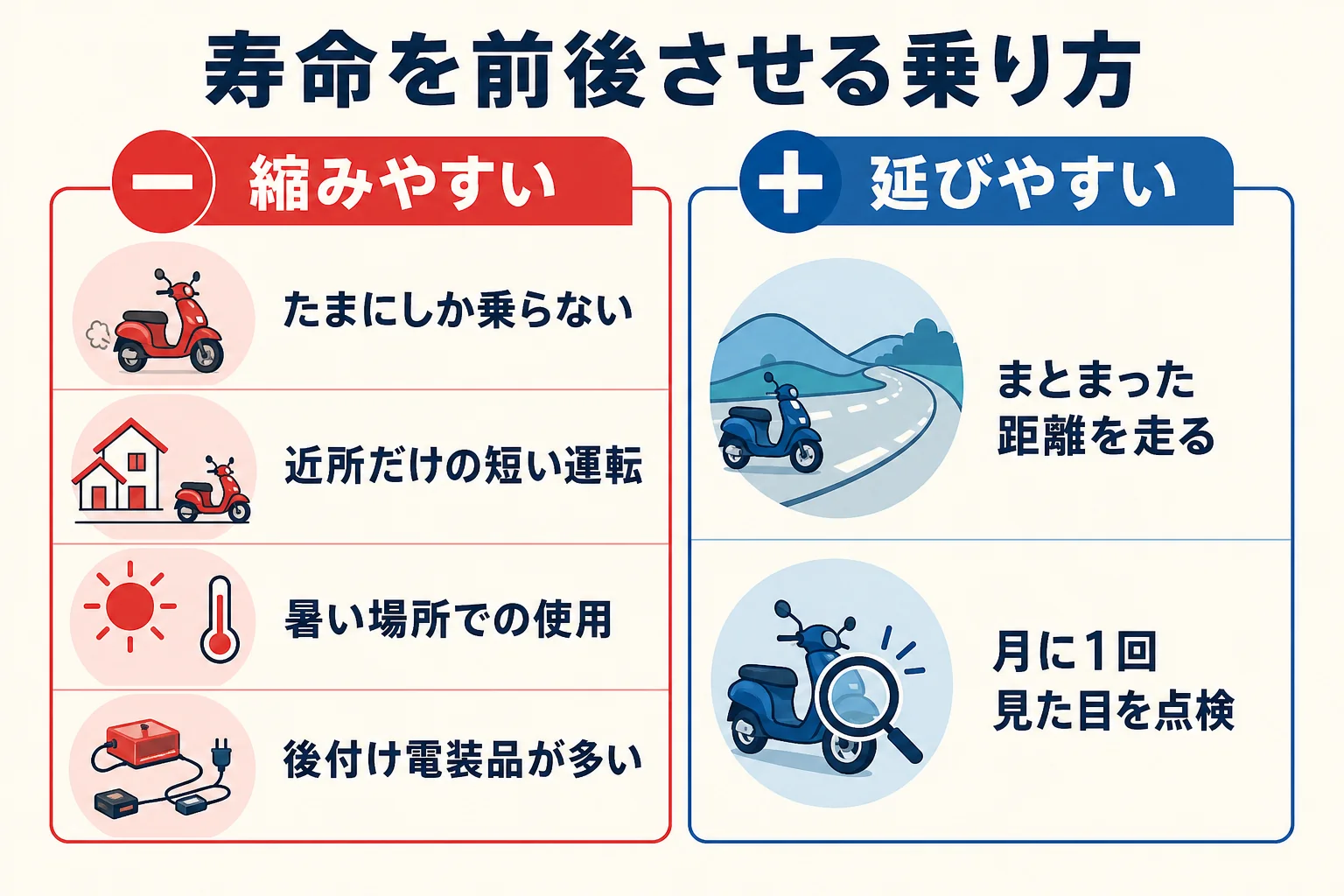 車のバッテリーの寿命を縮めやすい乗り方と延ばしやすい乗り方を並べて比べた図解