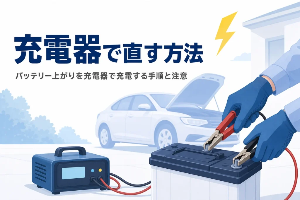屋外で車のバッテリーに充電器をつなぐ手元と、バッテリー上がりを充電器で直す方法を紹介する記事タイトル