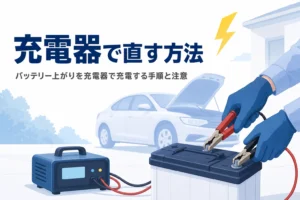屋外で車のバッテリーに充電器をつなぐ手元と、バッテリー上がりを充電器で直す方法を紹介する記事タイトル