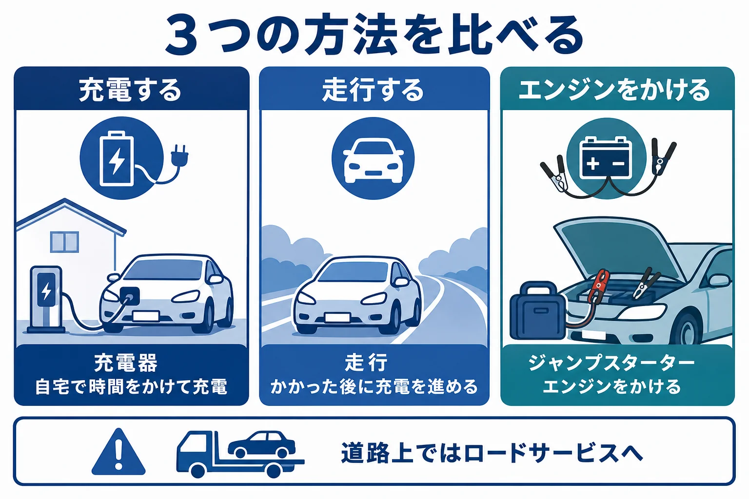 自宅で充電器を使う・走って充電する・ジャンプスターターで始動するの3つを、道具と向く場面で比べた図解