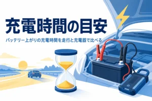 車のバッテリーと砂時計、バッテリー上がりの充電時間の目安を紹介する記事タイトル