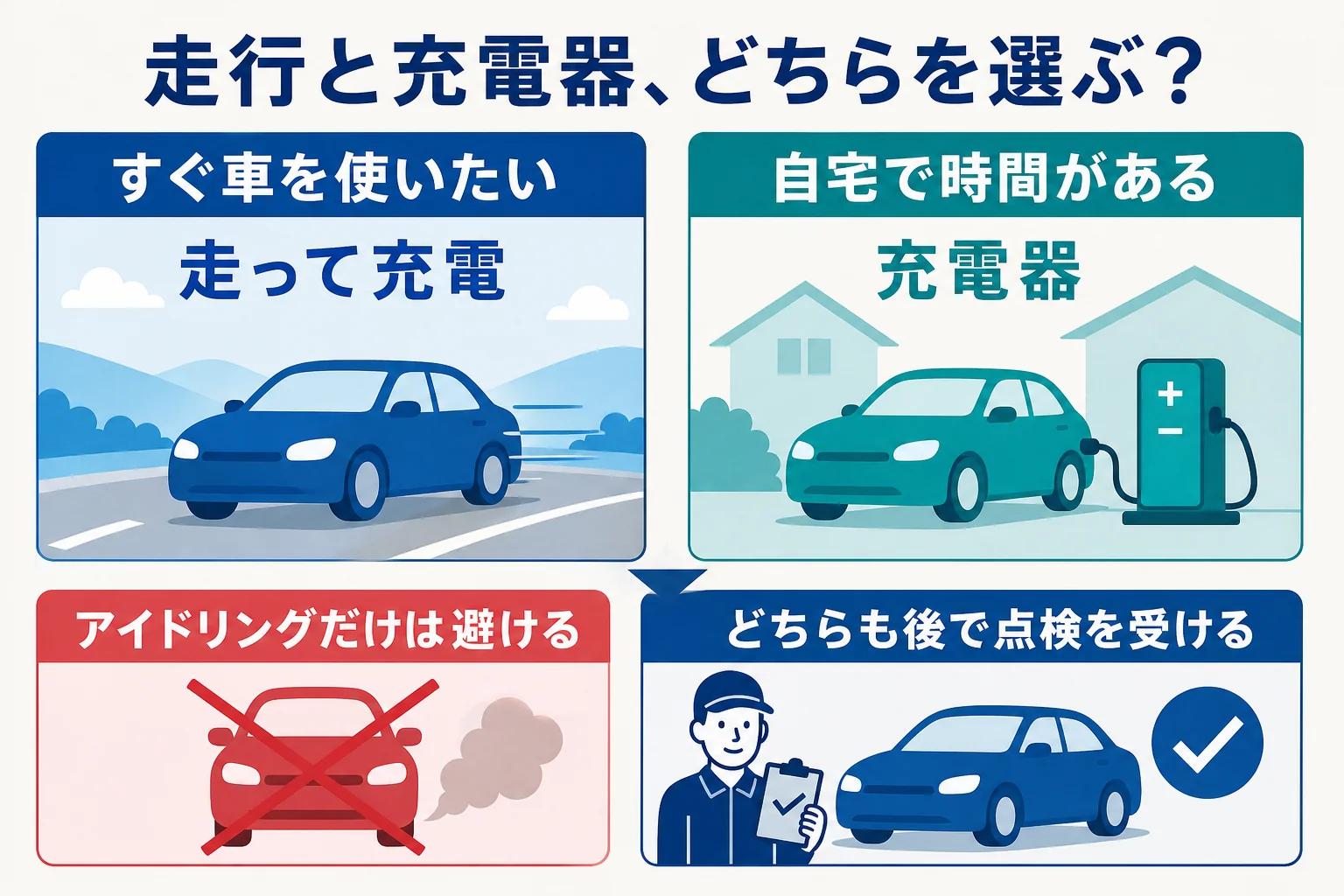目的に合わせて、走行と充電器のどちらで充電するかを選ぶ考え方を示した図解