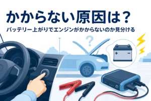 エンジンスタートボタンを押す手元と、エンジンがかからない原因の見分け方を紹介する記事タイトル
