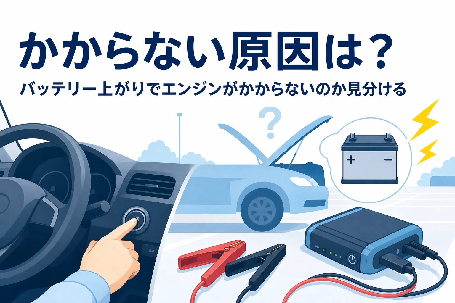 エンジンスタートボタンを押す手元と、エンジンがかからない原因の見分け方を紹介する記事タイトル