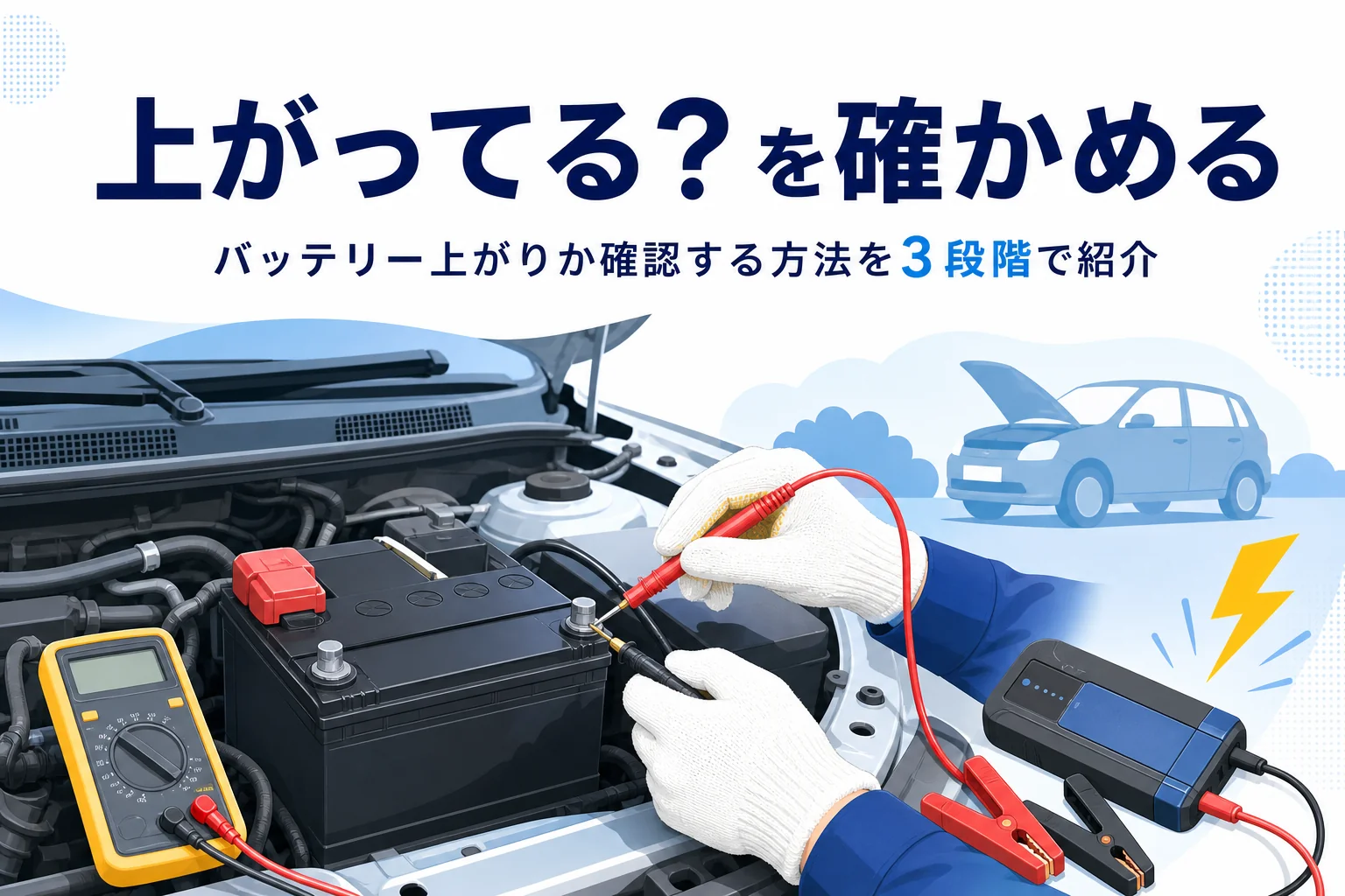 手袋をした手でバッテリーにテスターを当てる様子と、バッテリー上がりの確認方法を紹介する記事タイトル