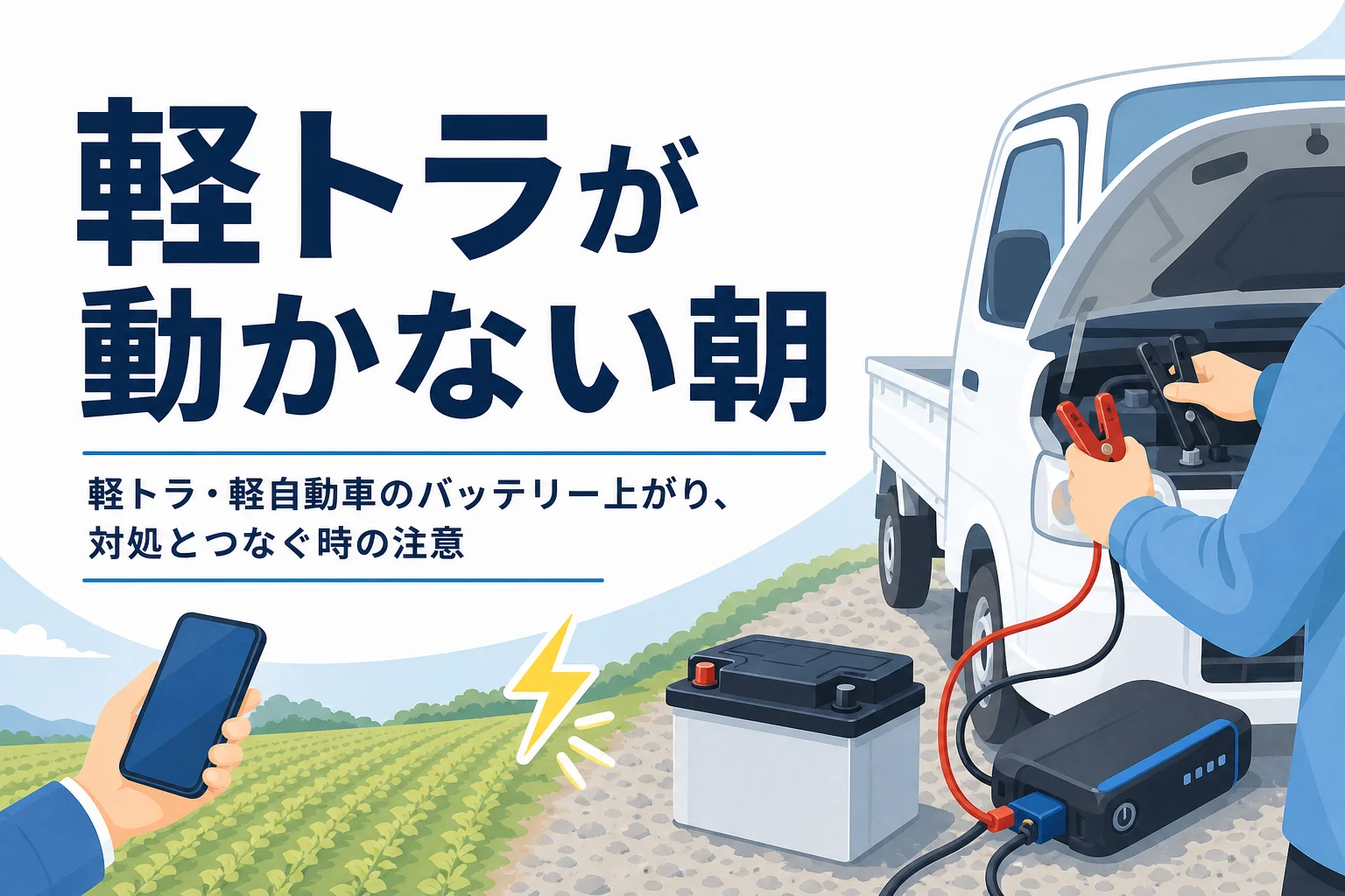 畑のそばに止まった軽トラックとブースターケーブル、軽トラが動かない朝の文字