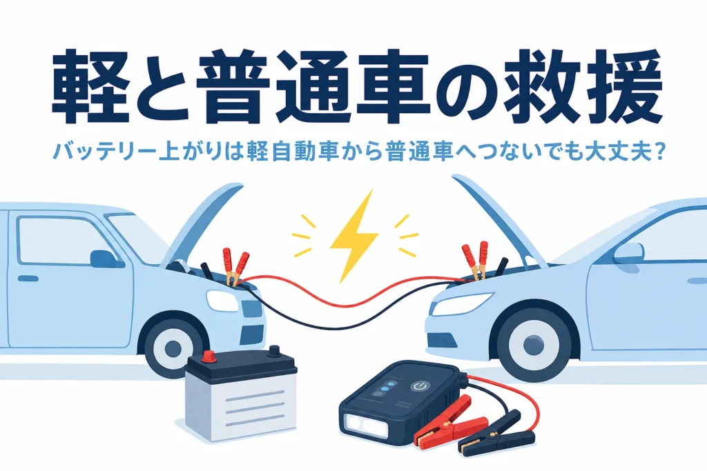 向かい合った軽自動車と普通車とブースターケーブル、軽と普通車の救援の文字