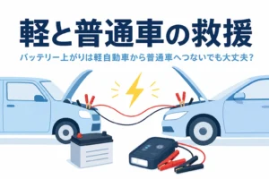 向かい合った軽自動車と普通車とブースターケーブル、軽と普通車の救援の文字