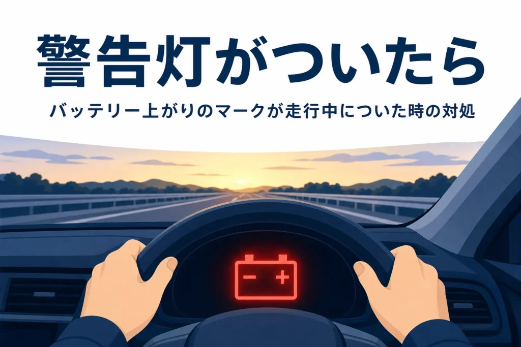 メーターに赤いバッテリーの形の警告灯がついた運転席と、走行中の対処を紹介する記事タイトル