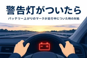 メーターに赤いバッテリーの形の警告灯がついた運転席と、走行中の対処を紹介する記事タイトル