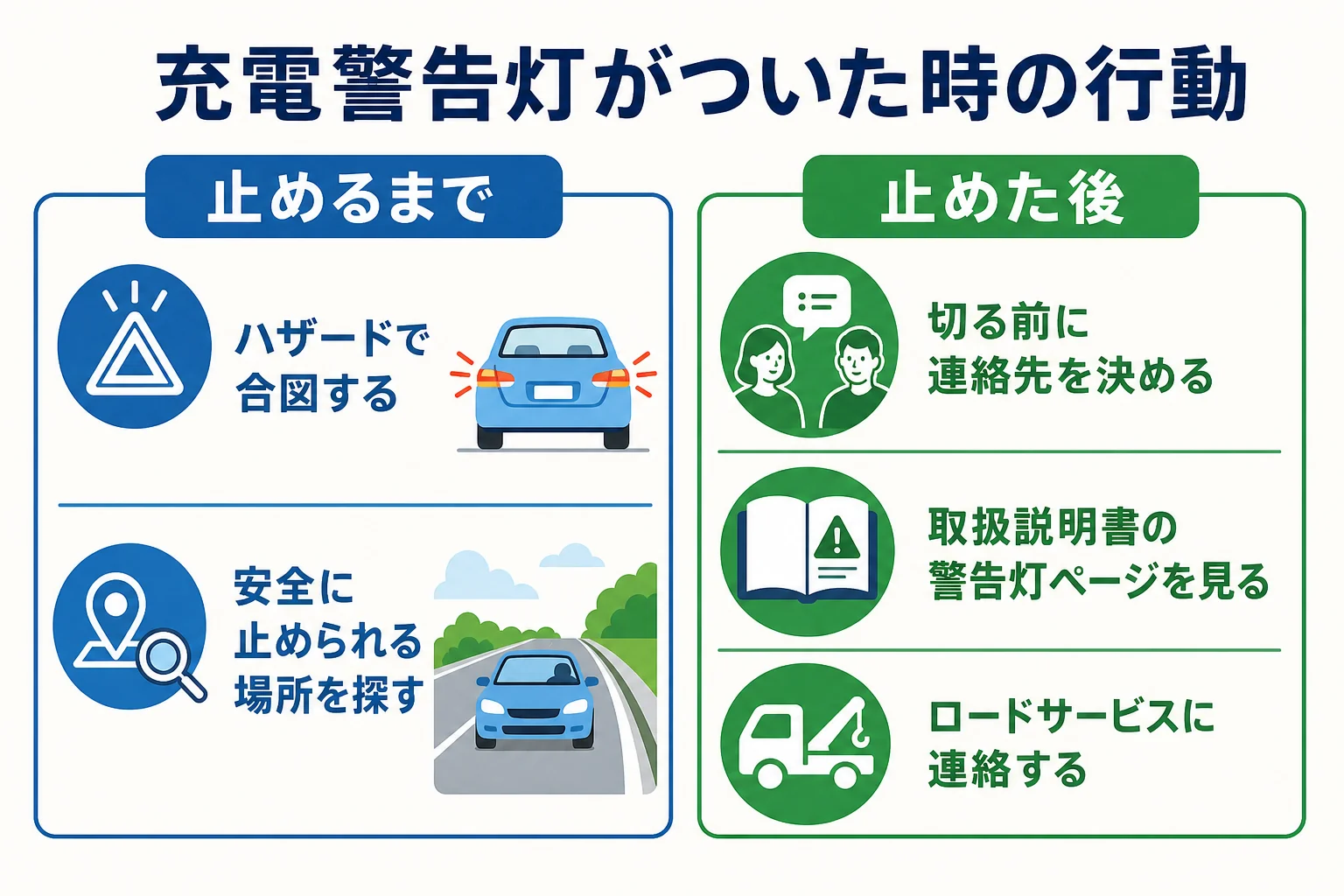 走行中に充電警告灯がついた時の、止めるまでの行動と止めた後にやることを分けた図解
