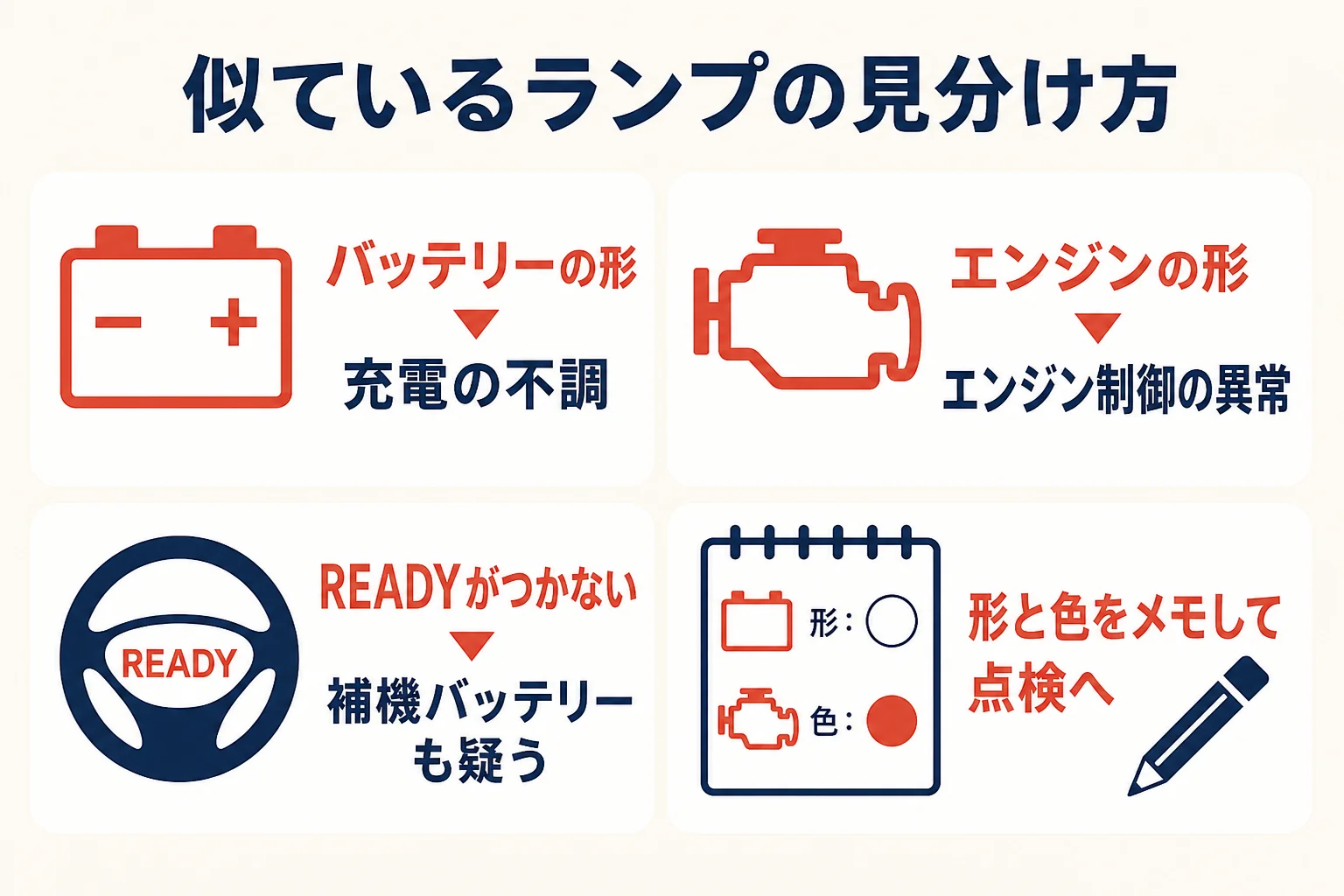 充電警告灯とエンジン警告灯など、似ているランプの意味の違いをまとめた図解