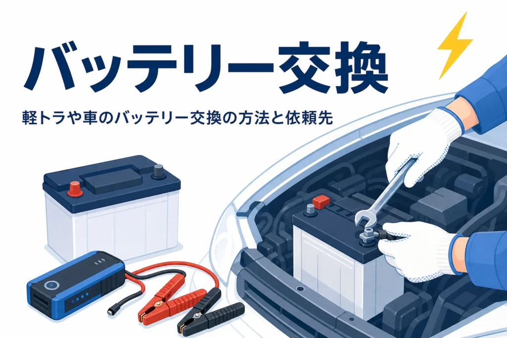 手袋をした手元が車のバッテリーを交換している様子と、バッテリー交換の方法を紹介する記事タイトル