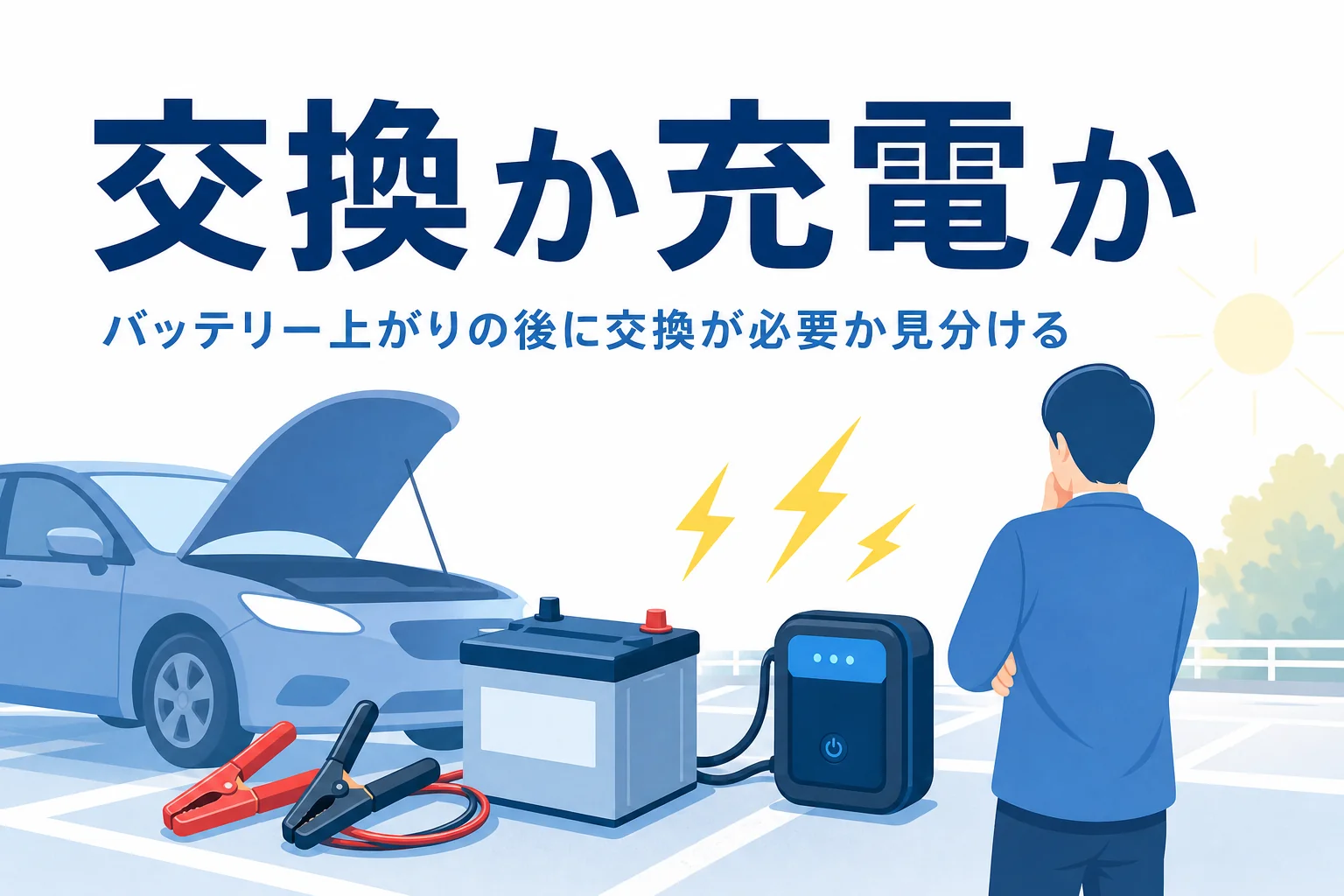 ボンネットを開けた車とバッテリー・ケーブルの前で考える人の後ろ姿と、バッテリー上がりで交換が必要かを紹介する記事タイトル
