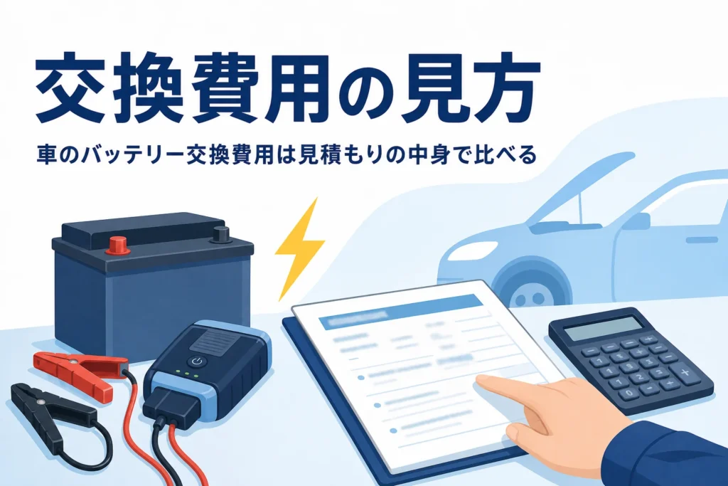 見積書と車のバッテリーを前に費用を確かめる手元と、車のバッテリー交換費用を紹介する記事タイトル