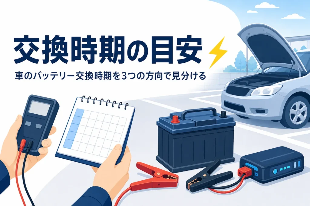 車のバッテリーとカレンダー、点検の道具を持つ手元と、車のバッテリー交換時期を紹介する記事タイトル