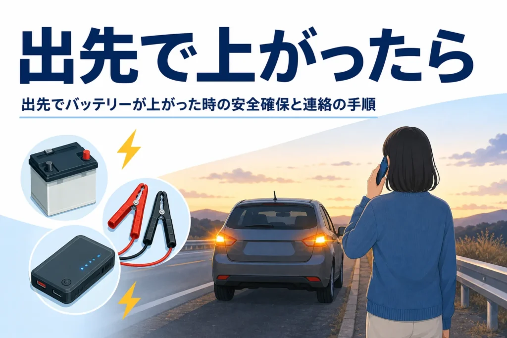 ガードレールの外に避難して電話をかける人の後ろ姿と、出先でバッテリーが上がった時の手順を紹介する記事タイトル