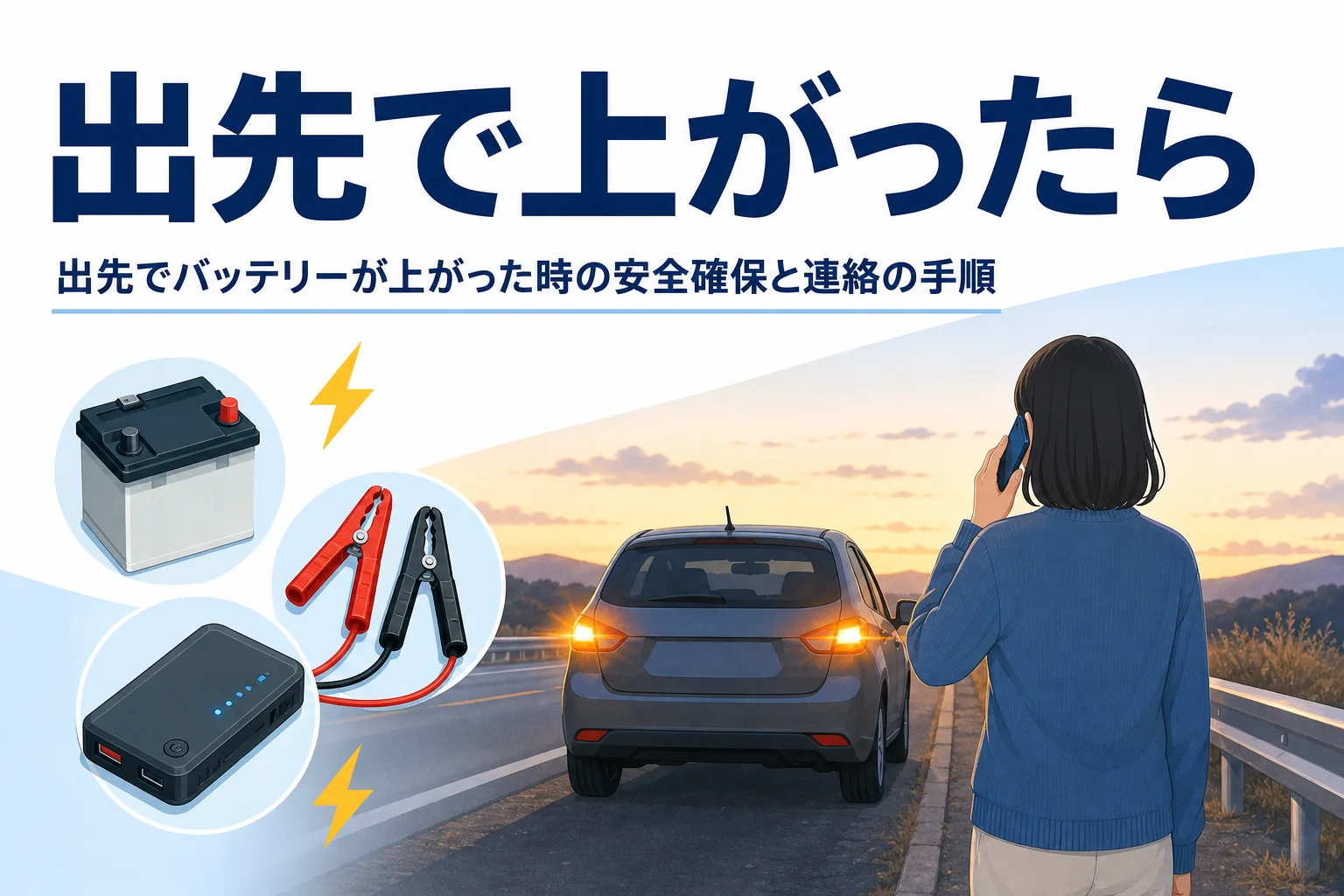 ガードレールの外に避難して電話をかける人の後ろ姿と、出先でバッテリーが上がった時の手順を紹介する記事タイトル