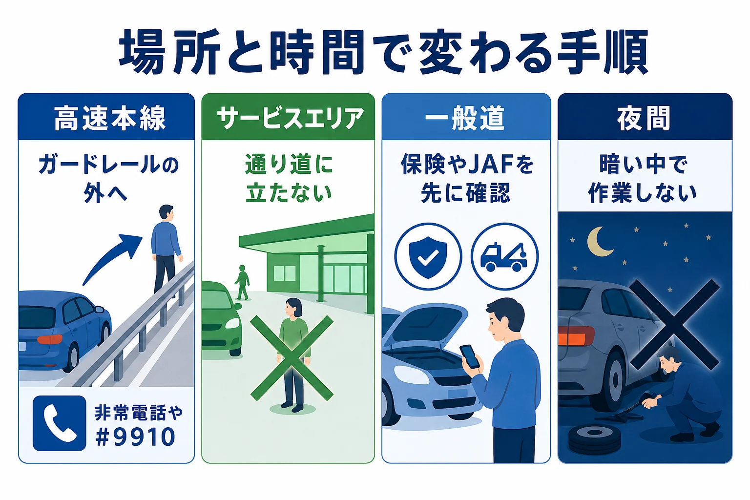 高速道路・サービスエリア・一般道・夜間で変わる安全確保と連絡先を比べた図解