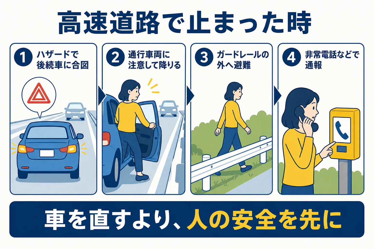 高速道路で車が止まった時に、合図・降車・避難・通報の順で動く手順を示した図解