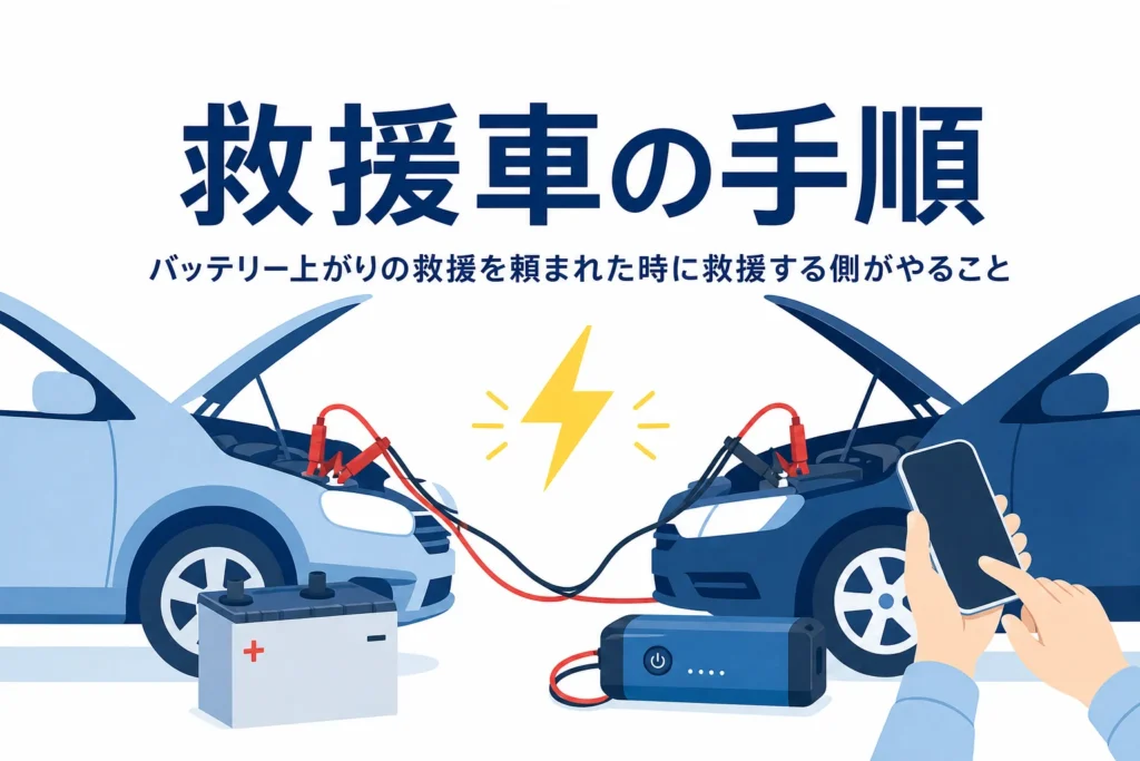 向かい合わせの2台の車とブースターケーブル、バッテリー上がりの救援車の手順の文字