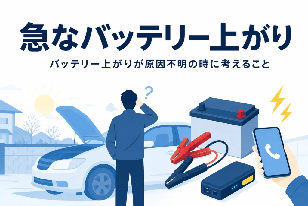 朝の駐車場でボンネットを開けた車の前で首をかしげる人の後ろ姿と、急なバッテリー上がりの原因を考える記事タイトル