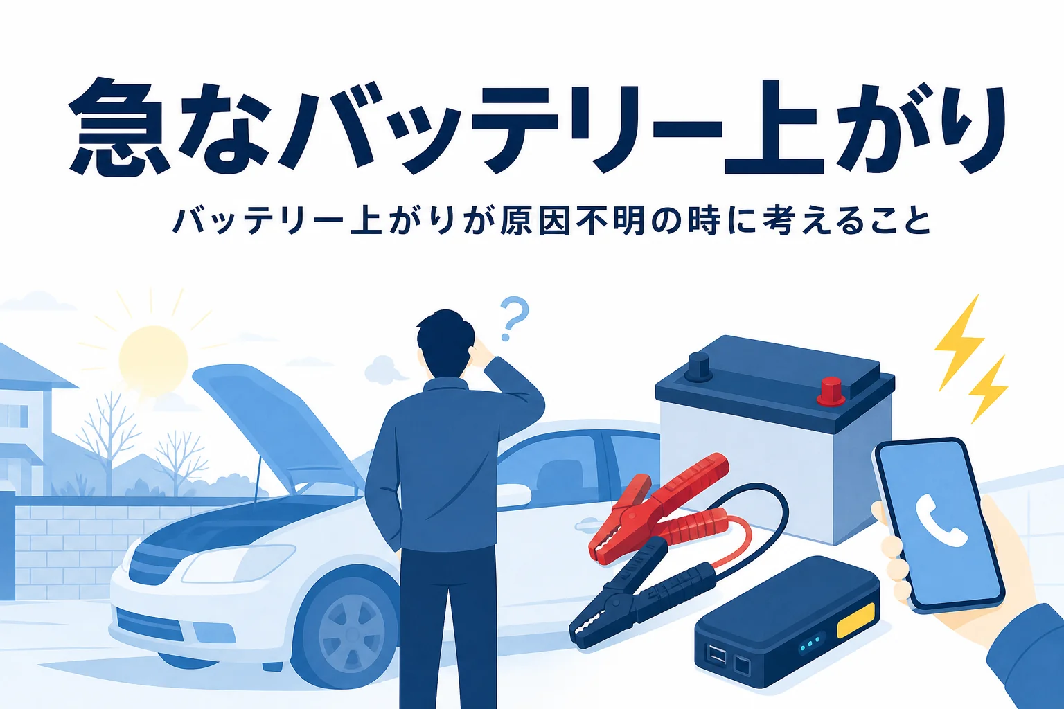 朝の駐車場でボンネットを開けた車の前で首をかしげる人の後ろ姿と、急なバッテリー上がりの原因を考える記事タイトル