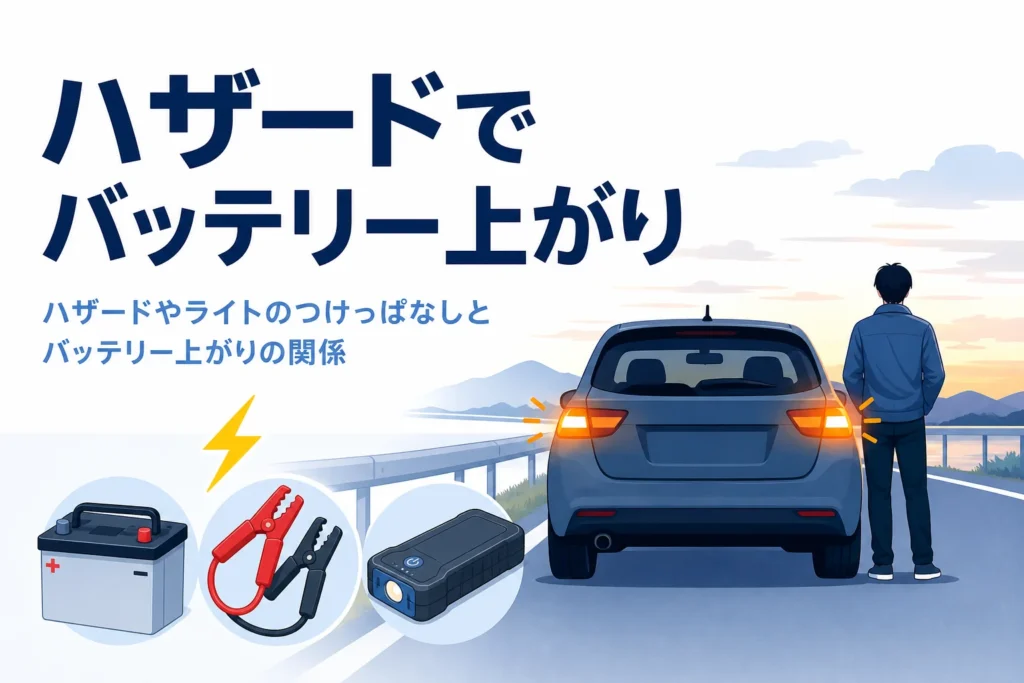 夕方の路肩でハザードをつけて止まる車と、ハザードのつけっぱなしとバッテリー上がりを紹介する記事タイトル