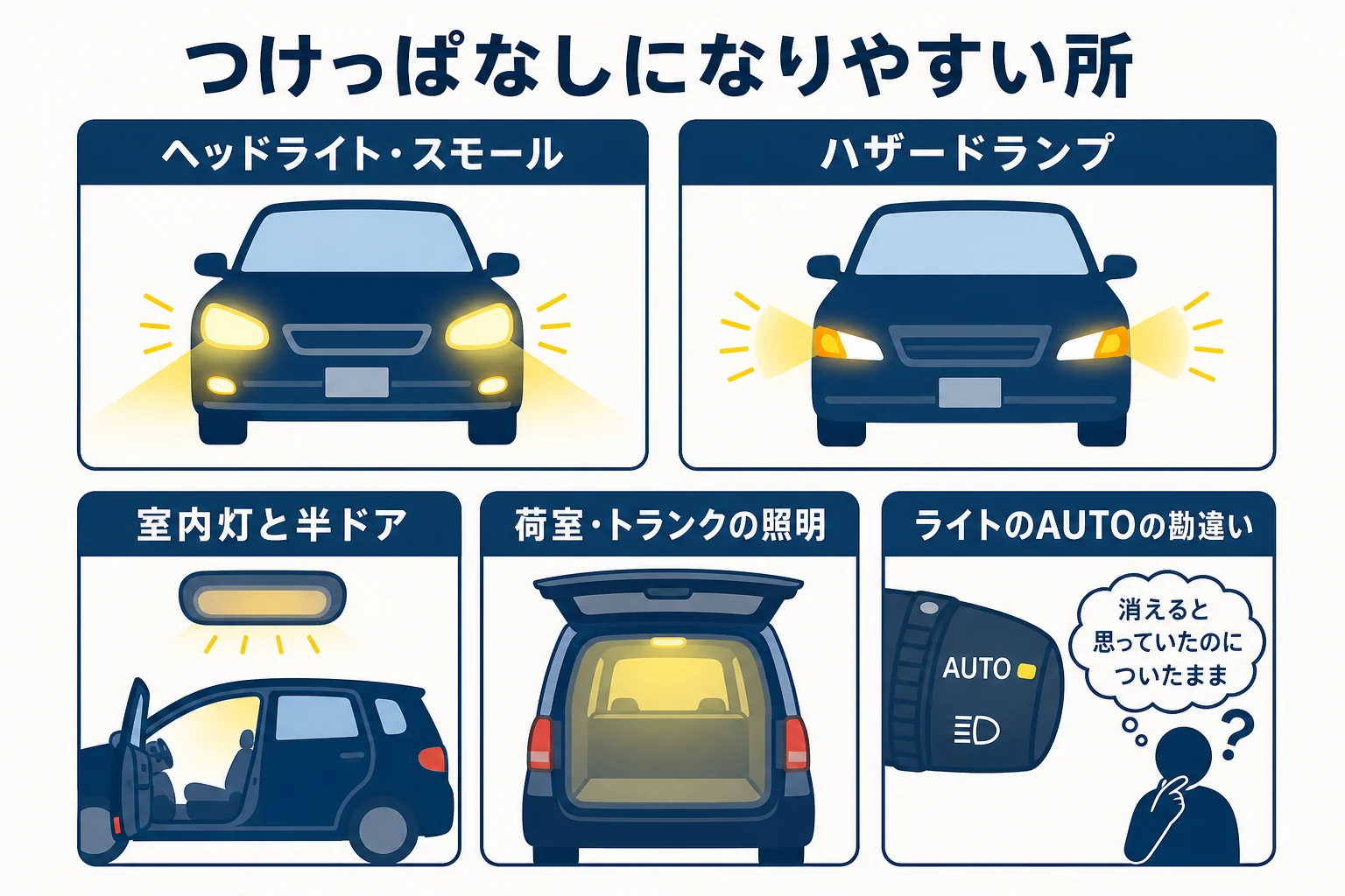 ヘッドライト・ハザード・室内灯・荷室の照明など、つけっぱなしになりやすい所と確かめることを並べた図解