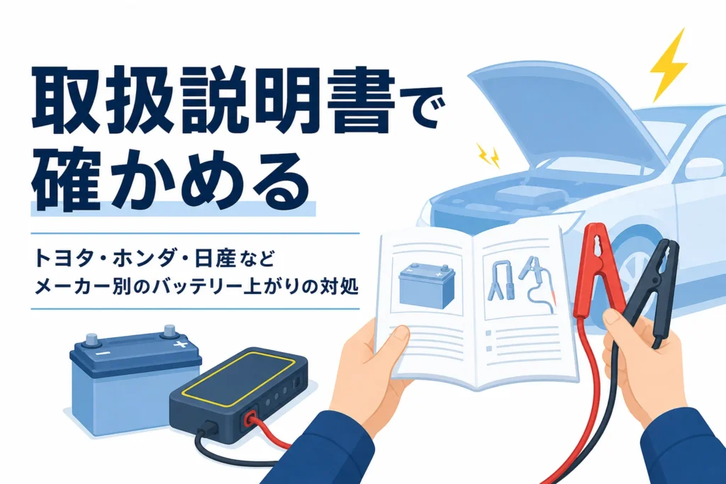 ボンネットを開けた車と取扱説明書、ブースターケーブルを持つ手元と、メーカー別のバッテリー上がりの対処を紹介する記事タイトル