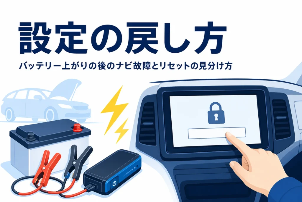 カーナビの入力画面を操作する手元と、バッテリー上がりの後のナビの再設定を紹介する記事タイトル