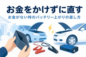 ボンネットを開けた2台の車とブースターケーブル、お金がない時のバッテリー上がりの直し方を紹介する記事タイトル