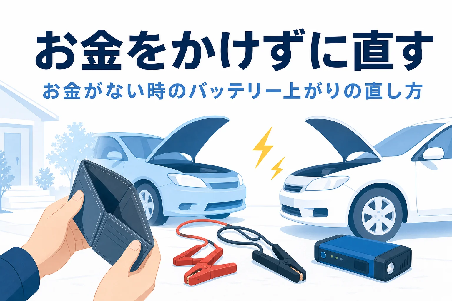 ボンネットを開けた2台の車とブースターケーブル、お金がない時のバッテリー上がりの直し方を紹介する記事タイトル