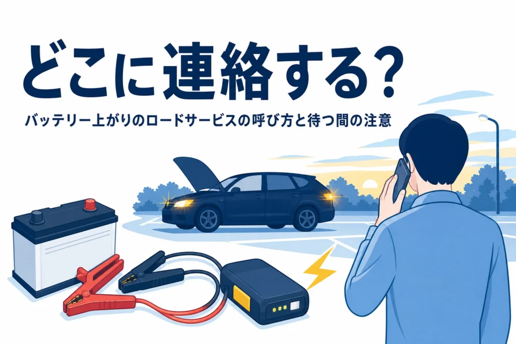 ボンネットを開けた車と、離れた場所で電話をかける人の後ろ姿、バッテリー上がりの連絡先を紹介する記事タイトル