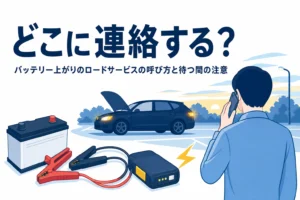 ボンネットを開けた車と、離れた場所で電話をかける人の後ろ姿、バッテリー上がりの連絡先を紹介する記事タイトル