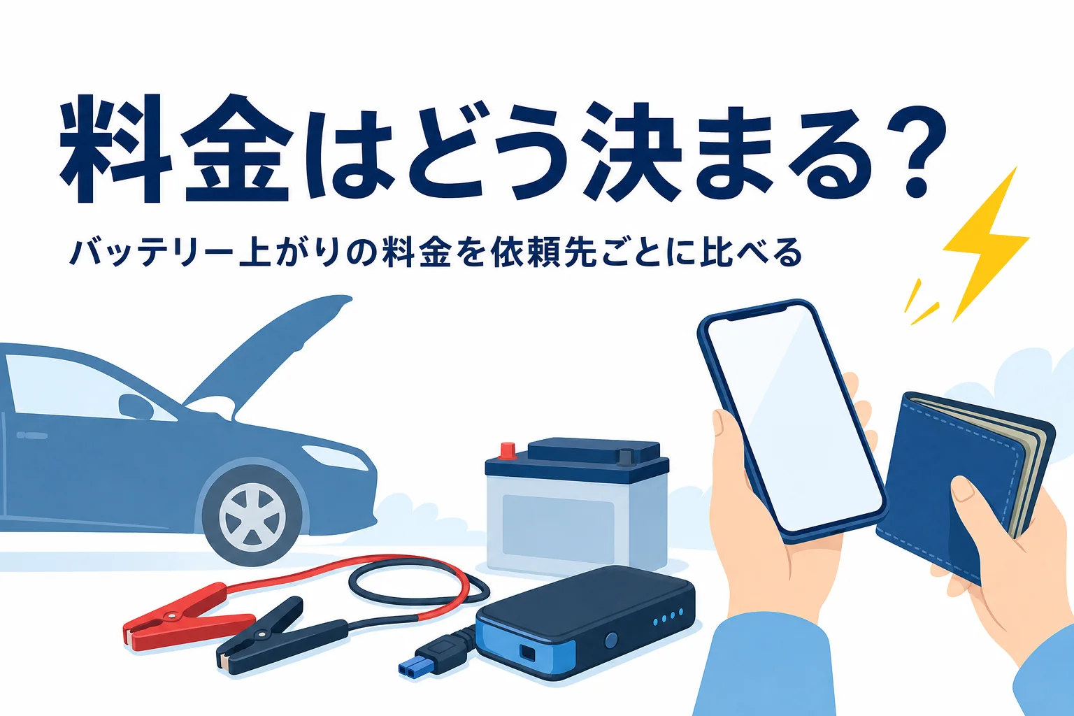 ボンネットを開けた車と財布を持つ手元、バッテリー上がりの料金の決まり方を紹介する記事タイトル