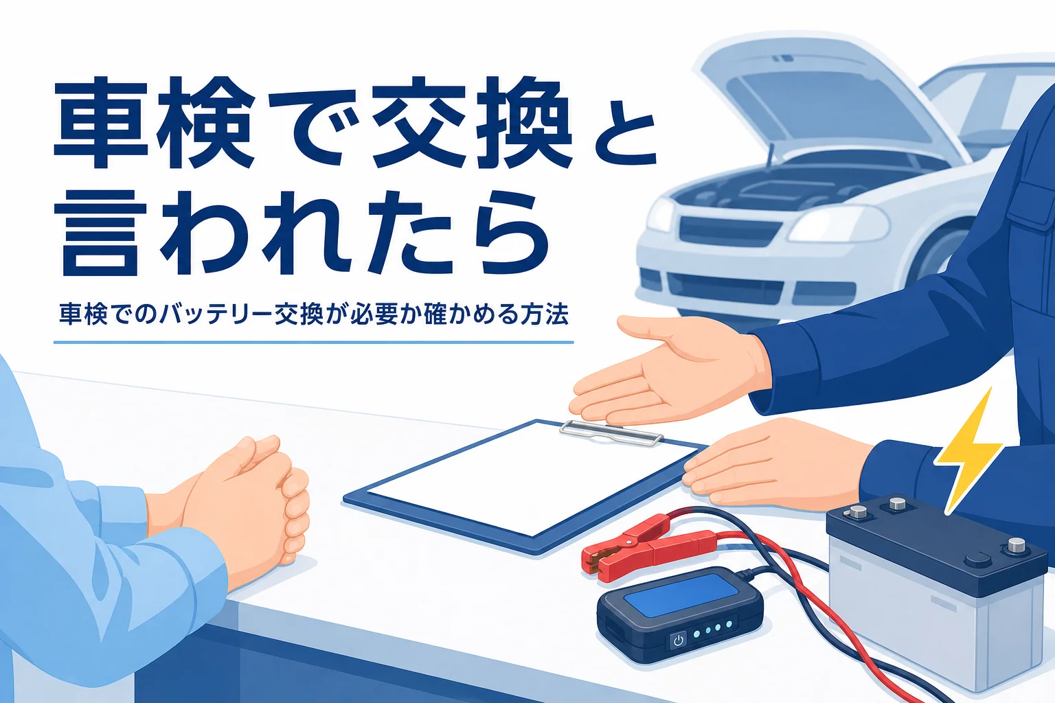 整備工場で見積書を前に相談する手元と、車検でバッテリー交換を勧められた時の確かめ方を紹介する記事タイトル