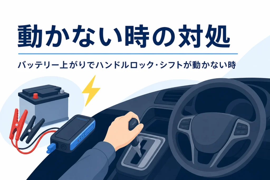 ハンドルとシフトレバーに手を添えた運転席の手元と、バッテリー上がりで車が動かない時の対処を紹介する記事タイトル