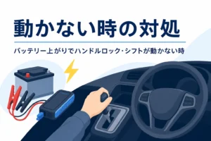 ハンドルとシフトレバーに手を添えた運転席の手元と、バッテリー上がりで車が動かない時の対処を紹介する記事タイトル