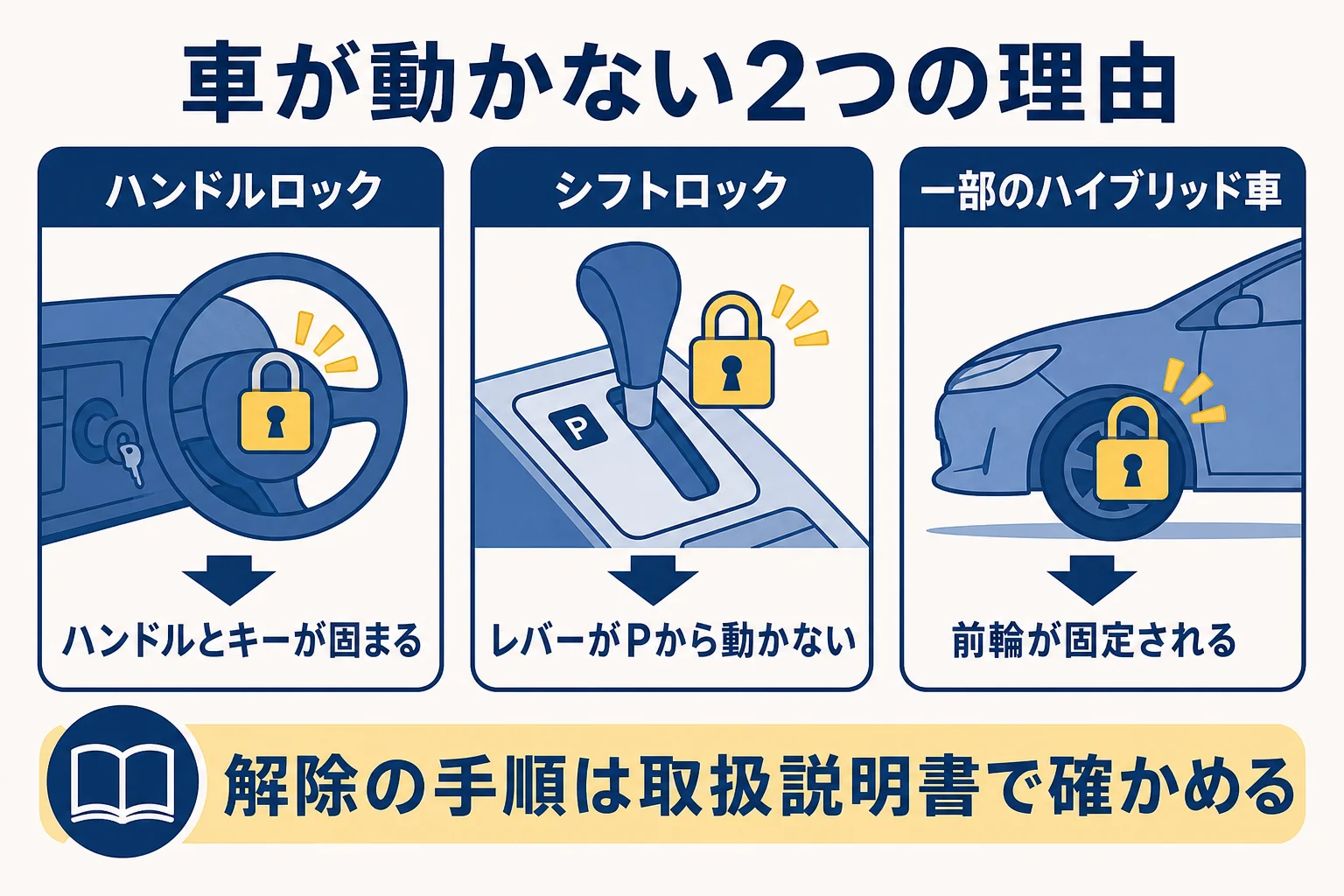 バッテリーが上がった車が動かない理由をハンドルロックとシフトロックに分けた図解