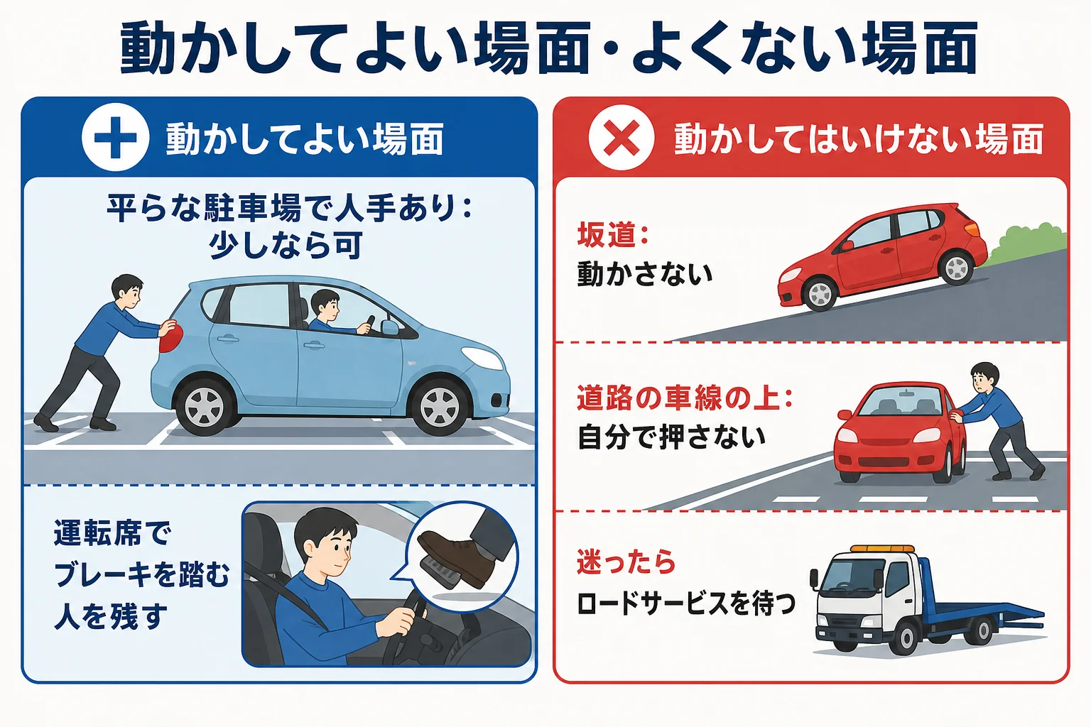 バッテリーが上がった車を動かしてよい場面と動かさない方がよい場面を分けた判断表の図解