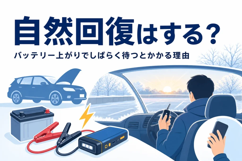 冬の朝の駐車場で車の中で待つ人の後ろ姿と、バッテリー上がりの自然回復について紹介する記事タイトル