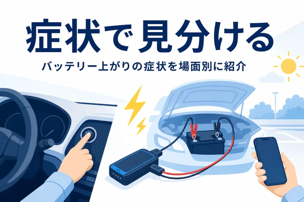 エンジンをかけようとする運転席の手元と、バッテリー上がりの症状を紹介する記事タイトル