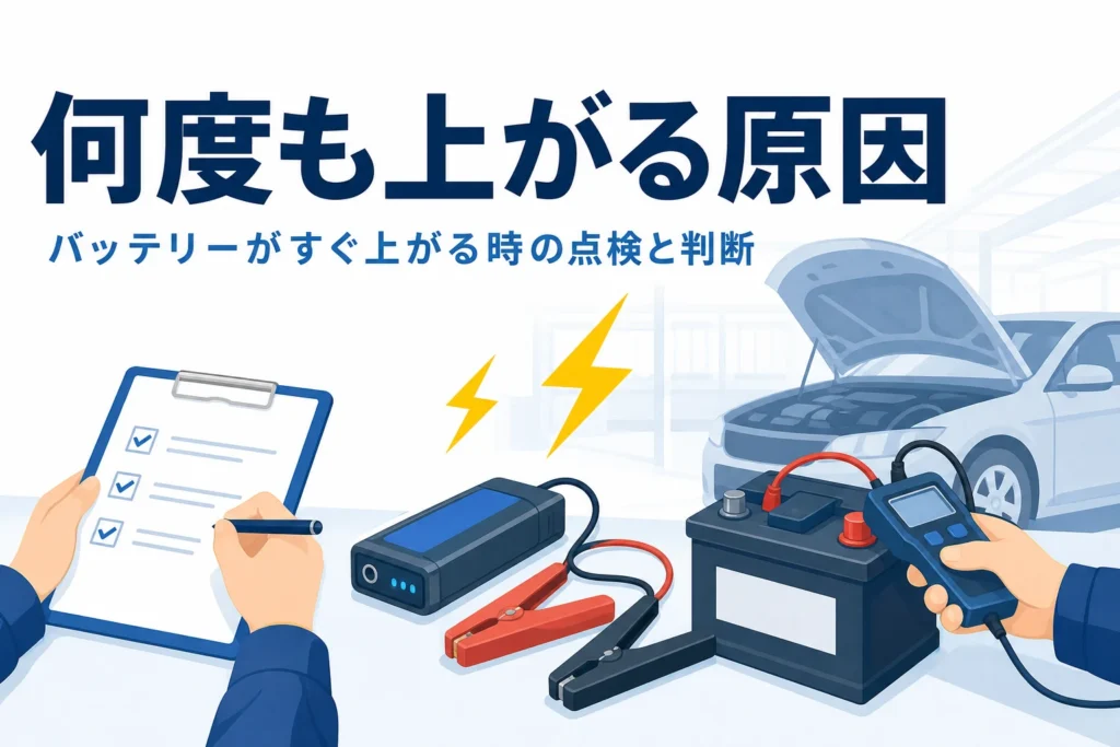 整備工場でバッテリーを点検する手元とメモを持つ手、バッテリーがすぐ上がる原因と点検を紹介する記事タイトル