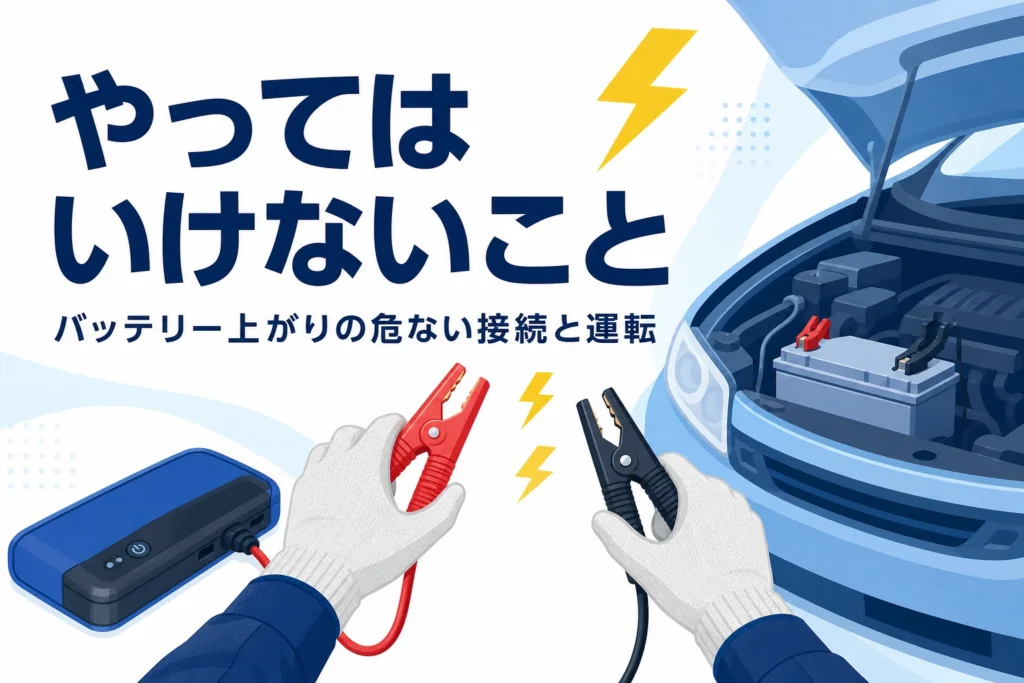 ブースターケーブルのクリップを離して持つ手元と、バッテリー上がりでやってはいけないことを紹介する記事タイトル