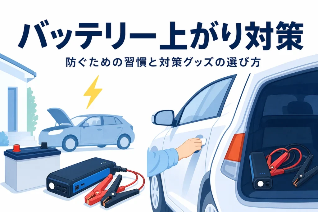 駐車場の車と荷室の対策グッズ、バッテリー上がり対策を紹介する記事タイトル