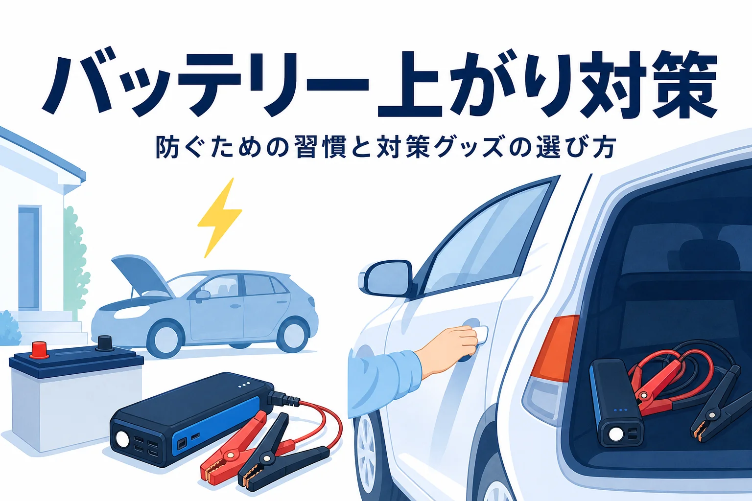 駐車場の車と荷室の対策グッズ、バッテリー上がり対策を紹介する記事タイトル