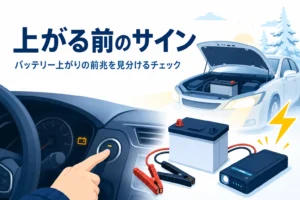 朝の運転席でエンジンスイッチを押す手元と、バッテリー上がりの前兆を見分けるチェックを紹介する記事タイトル