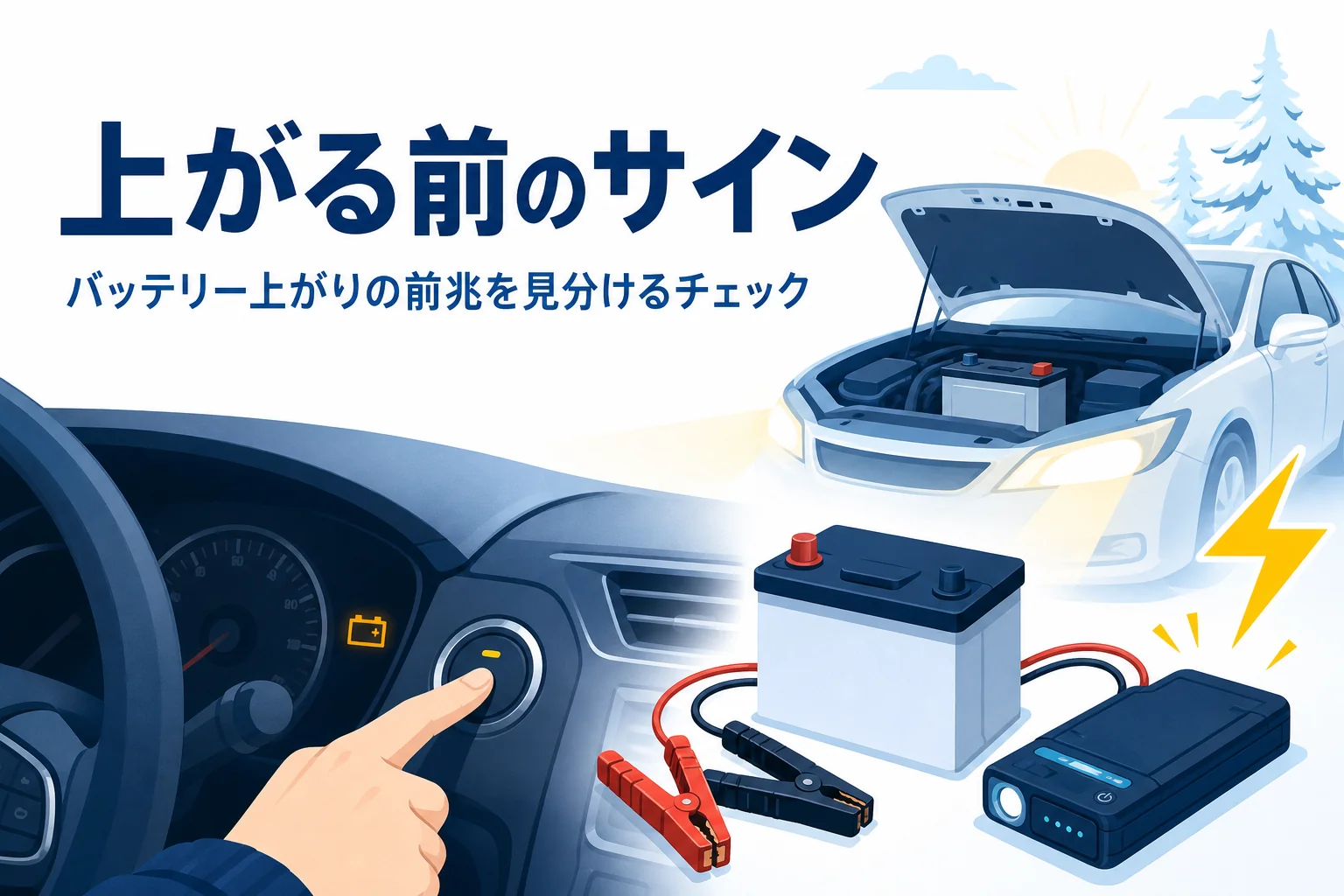 朝の運転席でエンジンスイッチを押す手元と、バッテリー上がりの前兆を見分けるチェックを紹介する記事タイトル